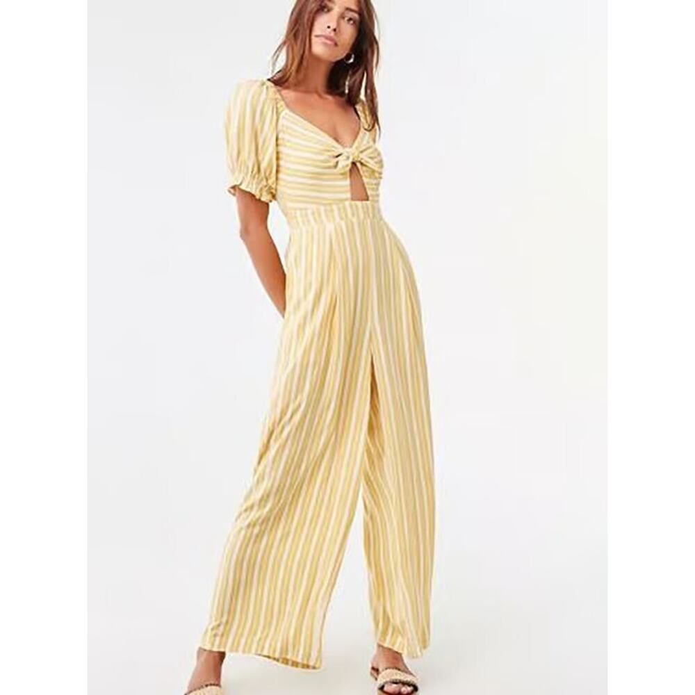 Forever 21 Medium‎ Yellow Cream Stripe Tie Front Ruffle Sleeve Wide Leg Jumpsuit